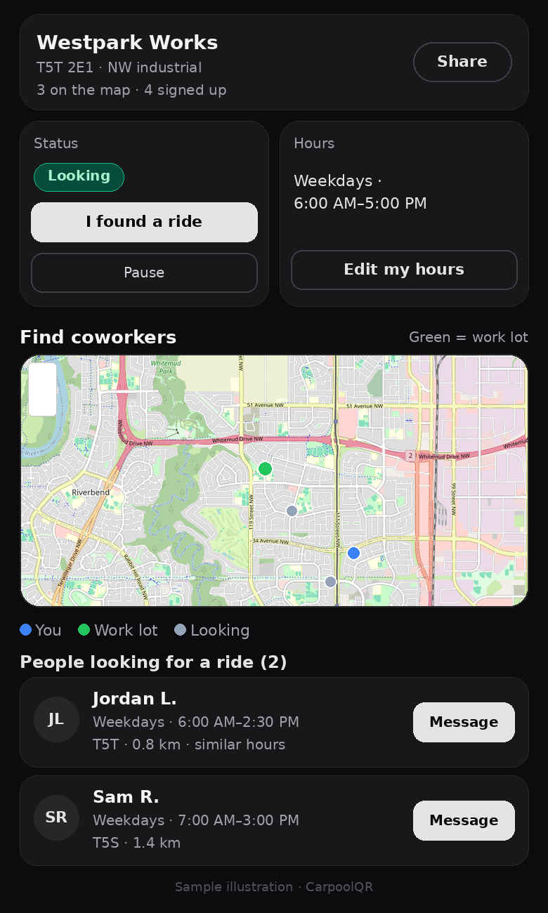 Sample CarpoolQR map and coworker list